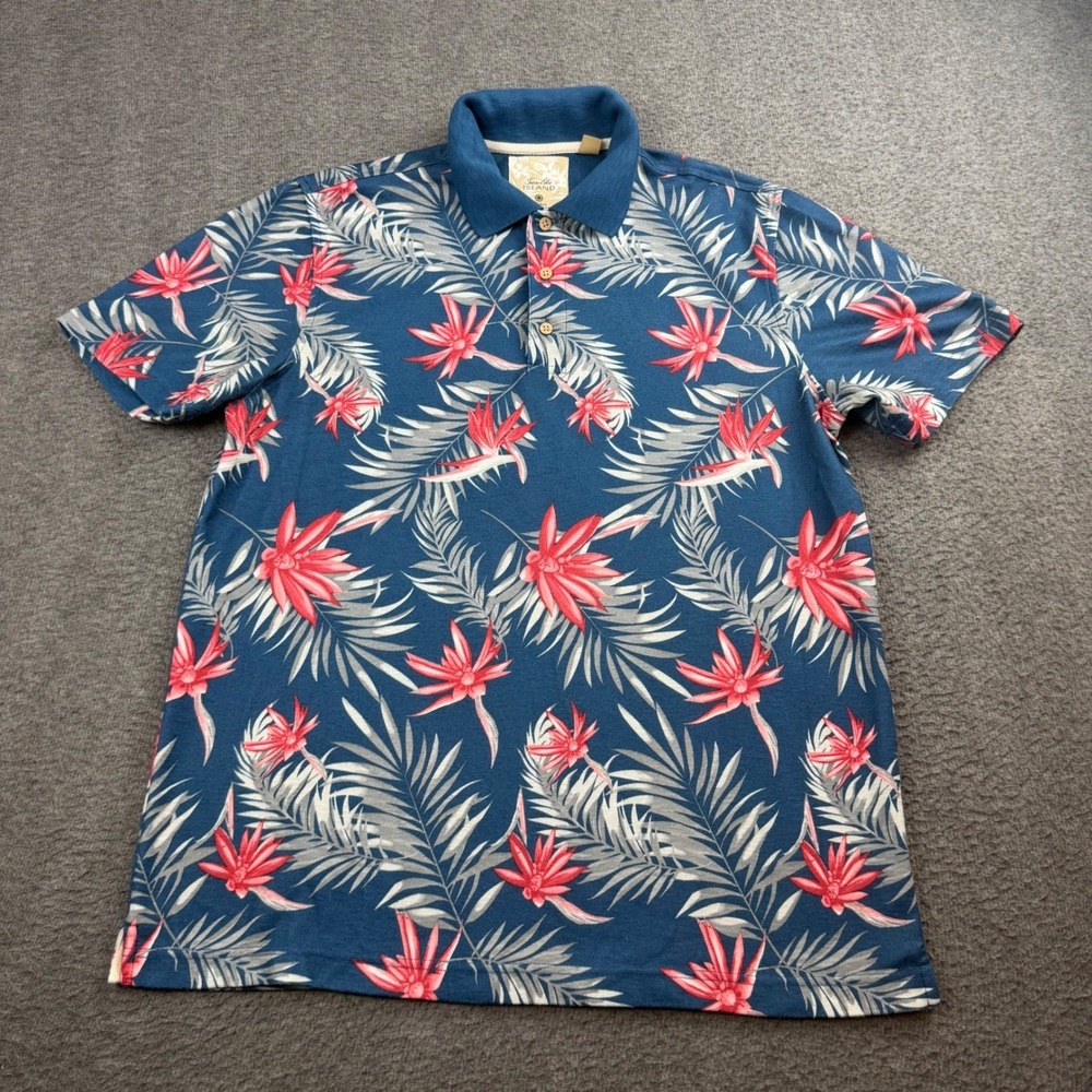 Tasso Elba Polo Shirt Men's Medium Blue Tropical Floral Palm Print UPF Sun Short